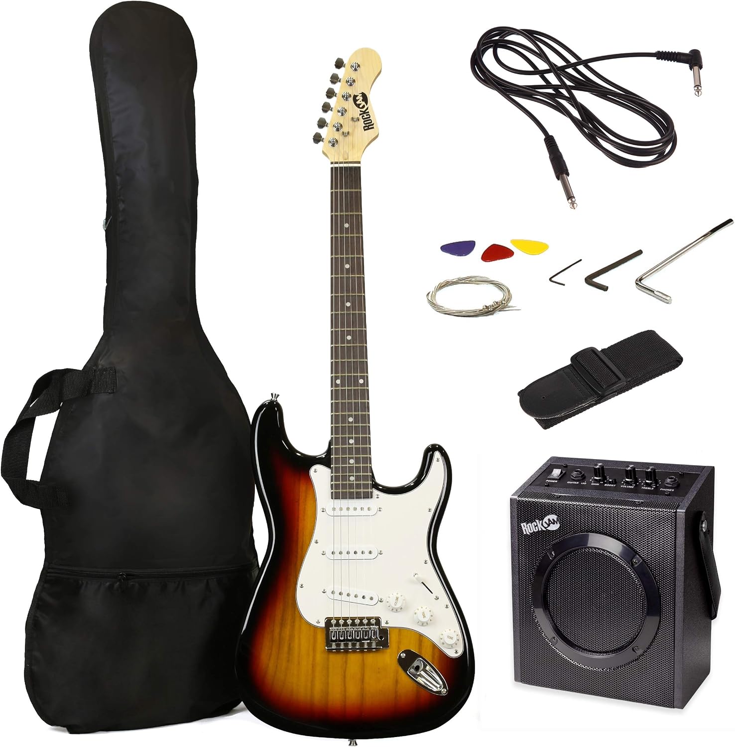 RockJam full size electric guitar in a sunburst finish with its 10-watt amplifier, gig bag and accessories